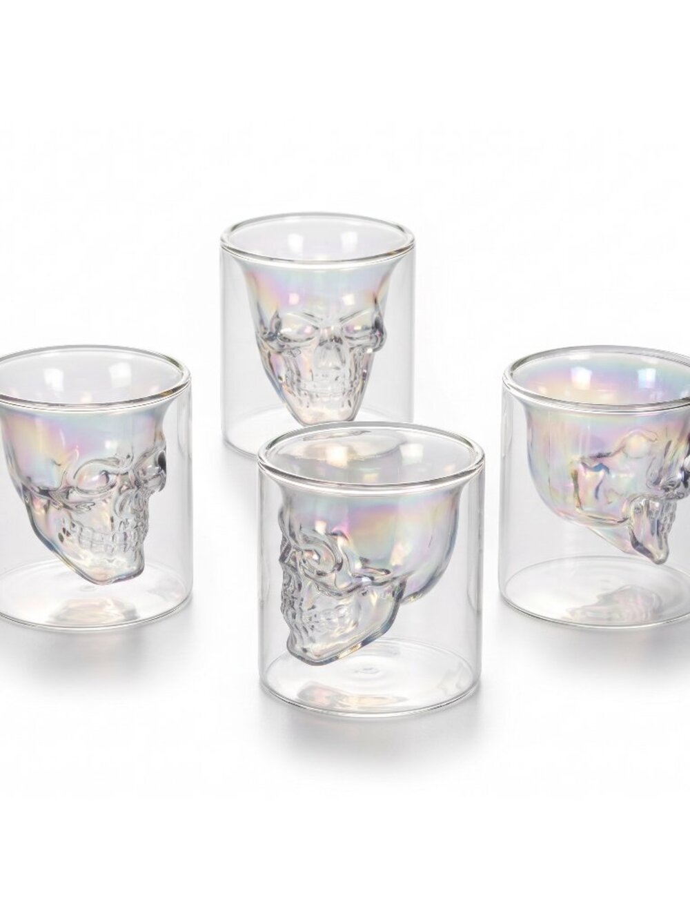 Set of 4 Iridescent Skull Shot Glasses Double Wall Glass Opal Skeleton Cup 2.75"